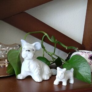 Vintage Japanese White and Blue Ceramic Terrier Dog and Puppy Figurine Set